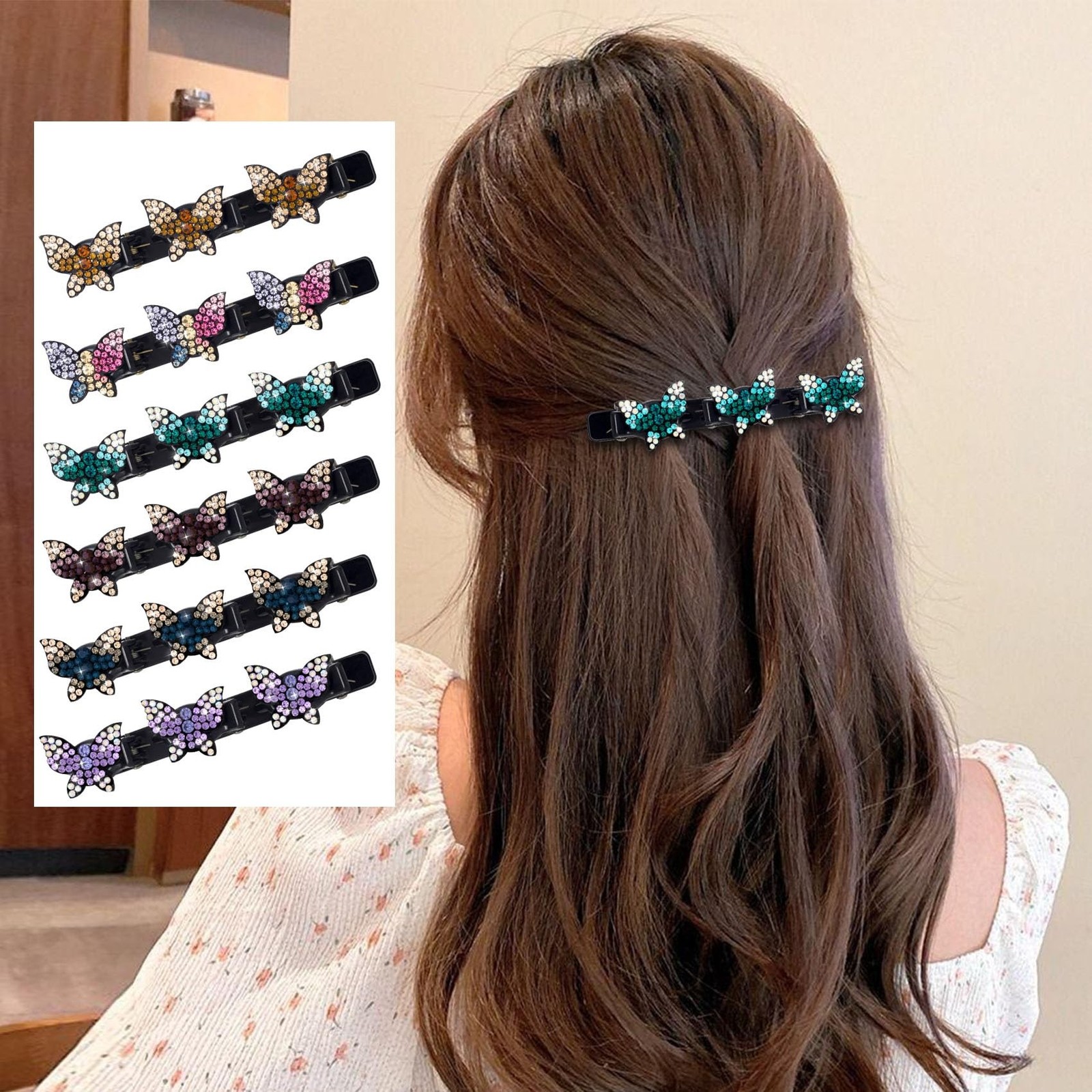 6pcs Butterfly Duckbill Braided Clips, Sparkling Rhinestone Hair Clips for Wo…