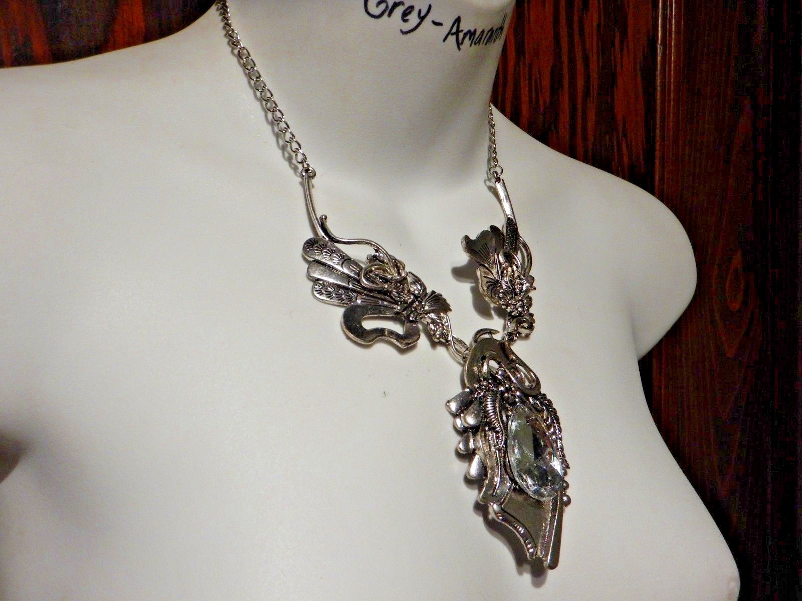 SILVER CHUNKY FLORAL BIB NECKLACE art nouveau lily clear stone earrings set Z8