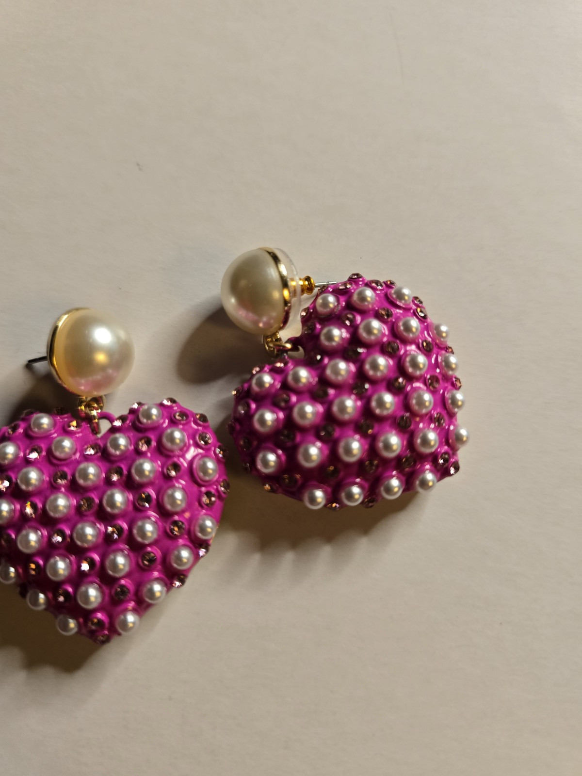 BETSEY JOHNSON Pink Heart Shape Drop Earrings With Pearl Accents