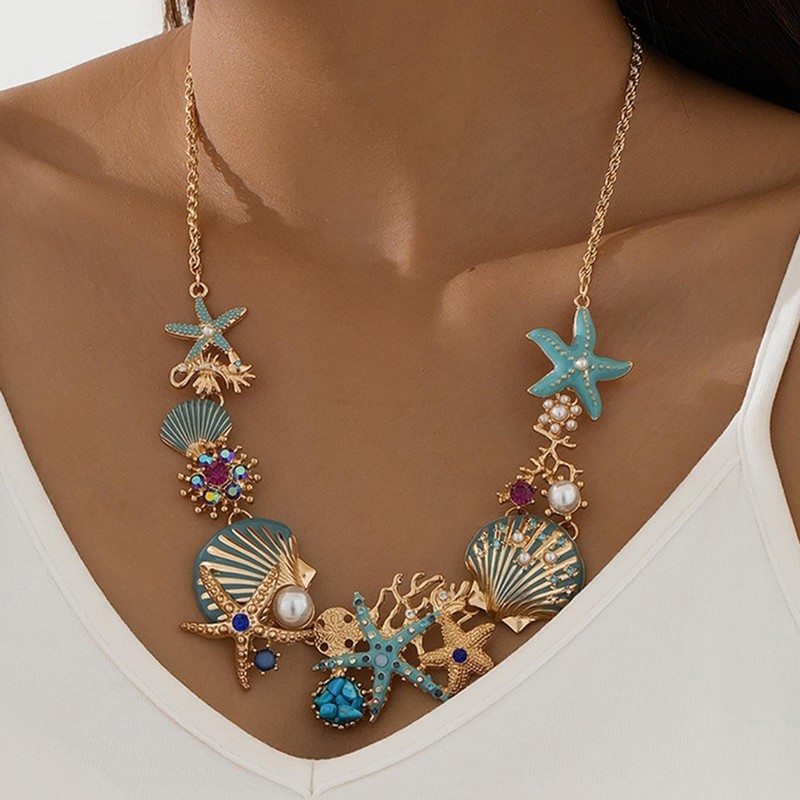 Starfish Seashell Necklace Pearls Beach Nautical Statement Jewelry Pendant Chain