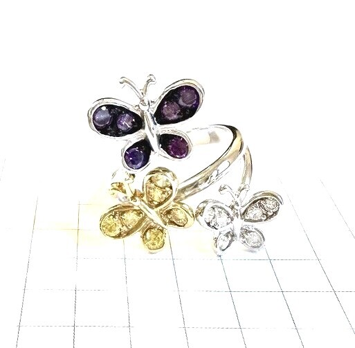 (SIZE 6,7,8,9) BUTTERFLY TRIO RING Gold, White, Purple CZs .925 STERLING SILVER