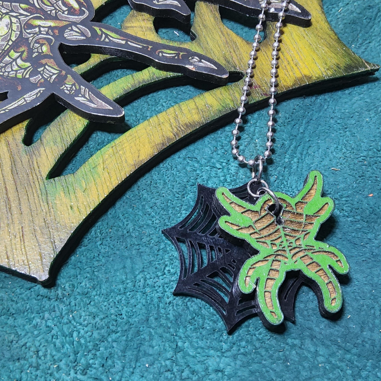 Laser cut arachnid queen magnets spider web necklace set goth scifi pinup art