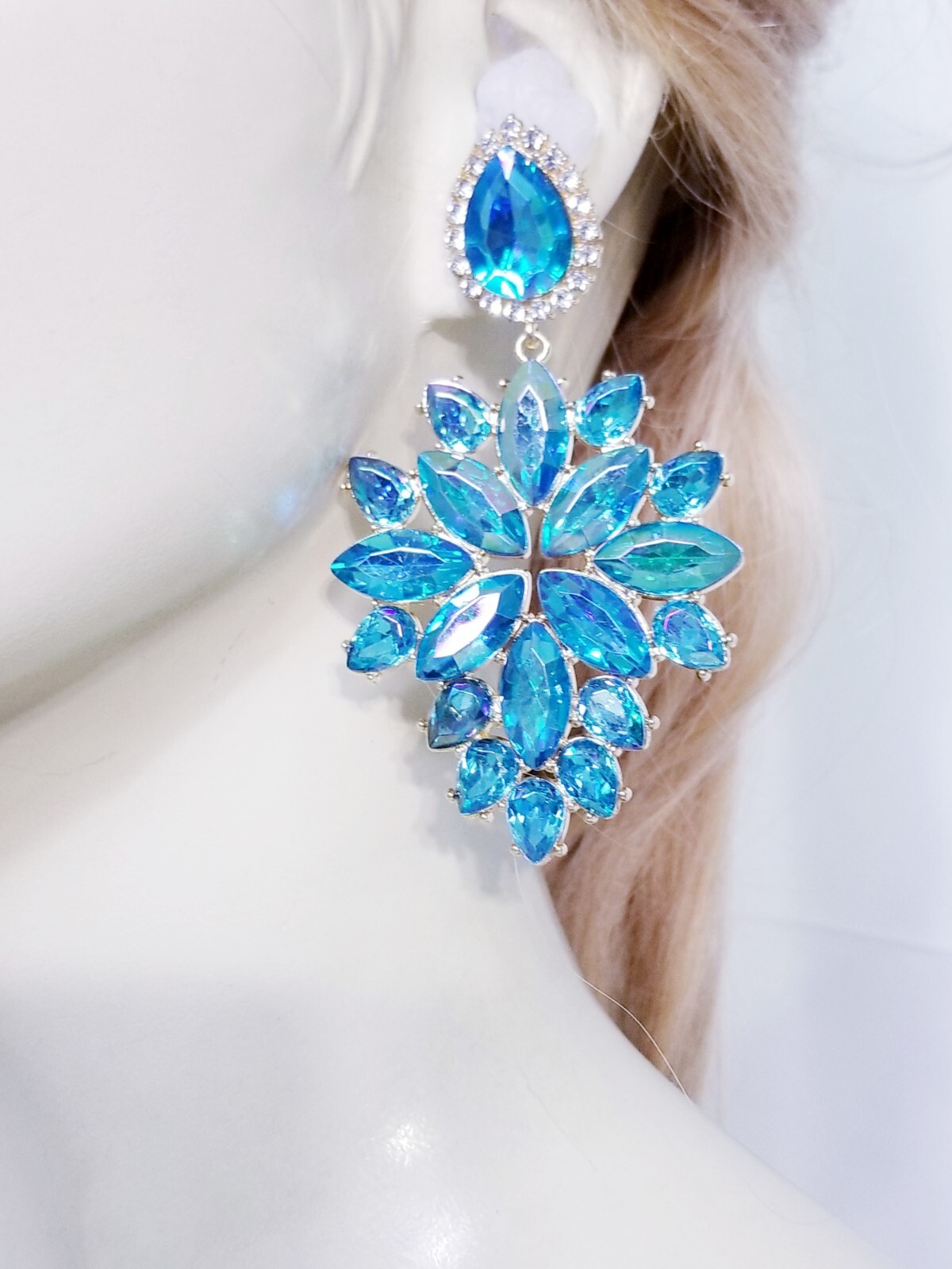 Aqua Crystal Bridesmaid Rhinestone Chandelier Drop Earrings 3.6 inch Jewelry