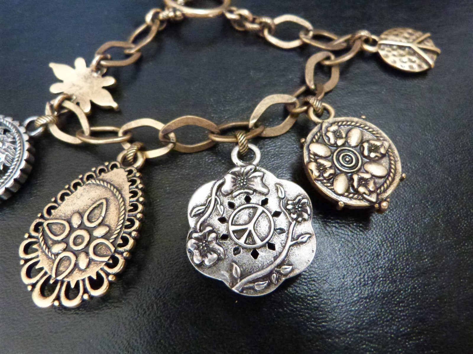 Lucky Brand jewelry lot charm bracelet Asian inspired floral dragon peace sign