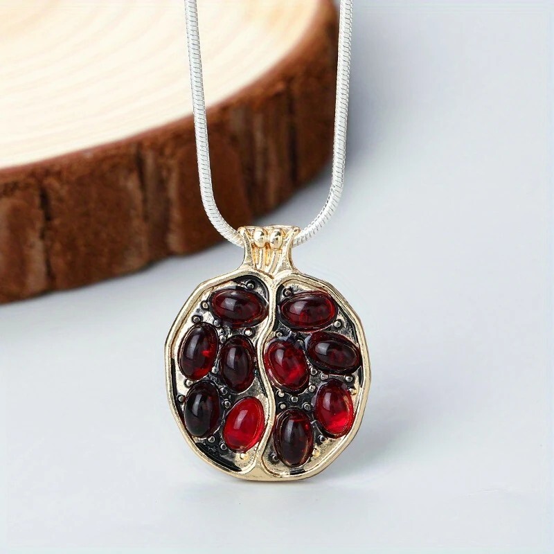 Gold Pomegranate Pendant Necklace Garnet Gemstone Fruit Jewelry Gift