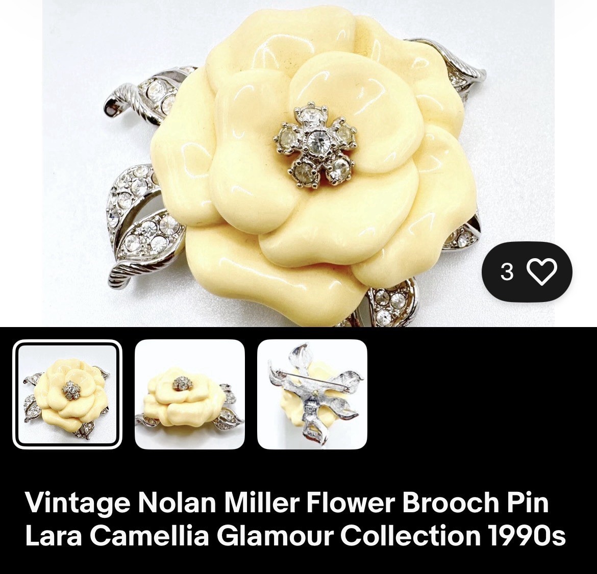 Nolan Miller Vintage Signed Flower Brooch Pin Cream Silver Clear Rhinestones