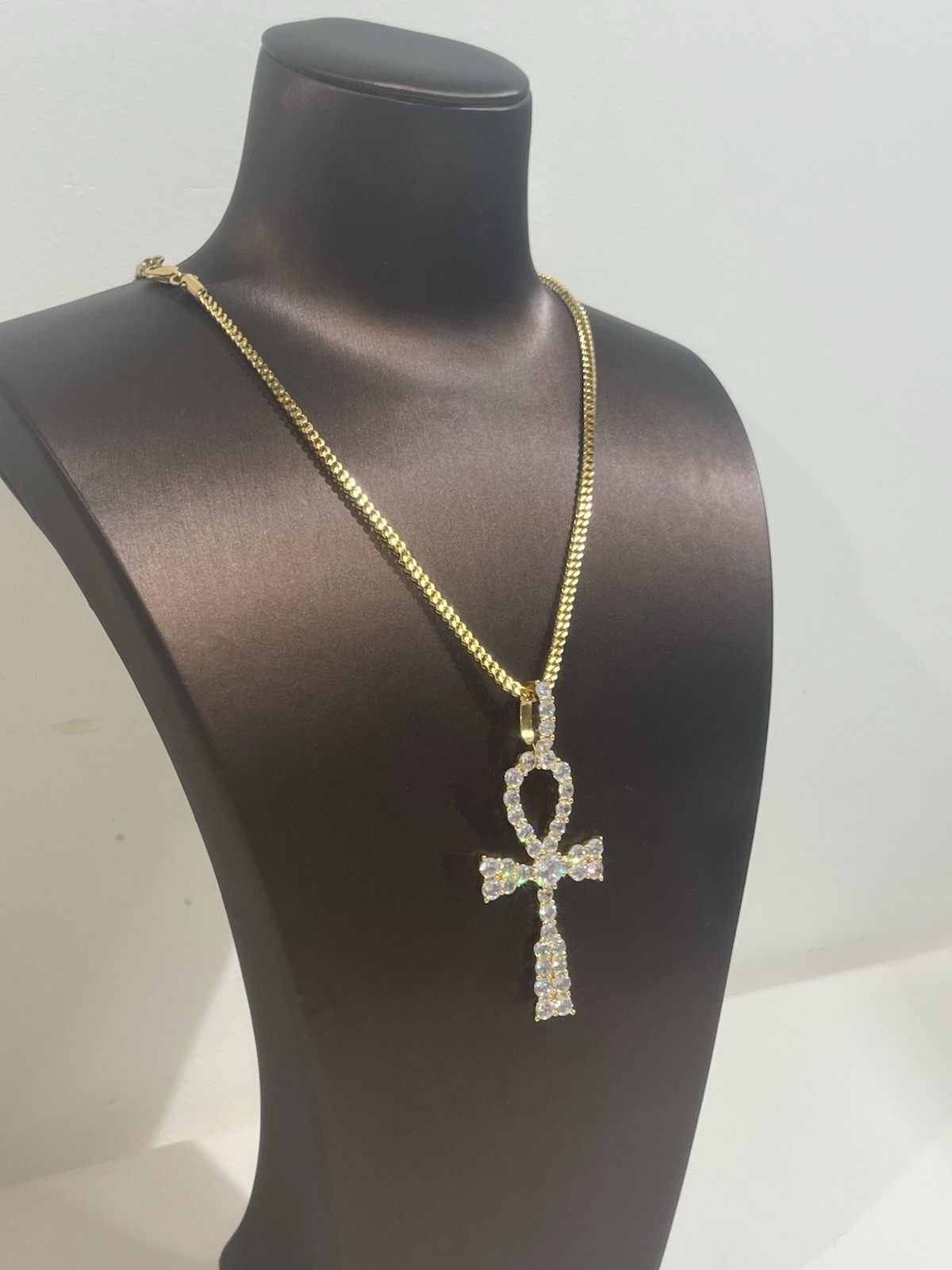 Gold Plate CZ Ankh Cross Pendant Necklace, Egyptian Cross Cubic Zirconia