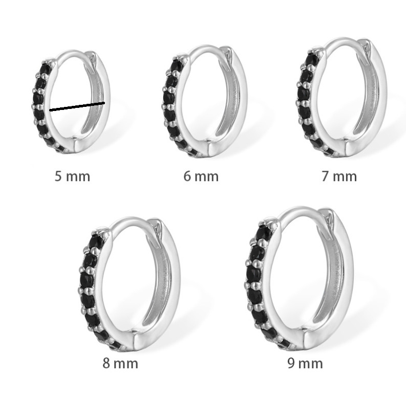 6/7/8/9/11mm 925 Silver Plated Black CZ Huggie Hoop Earrings Men & Women 2Pcs