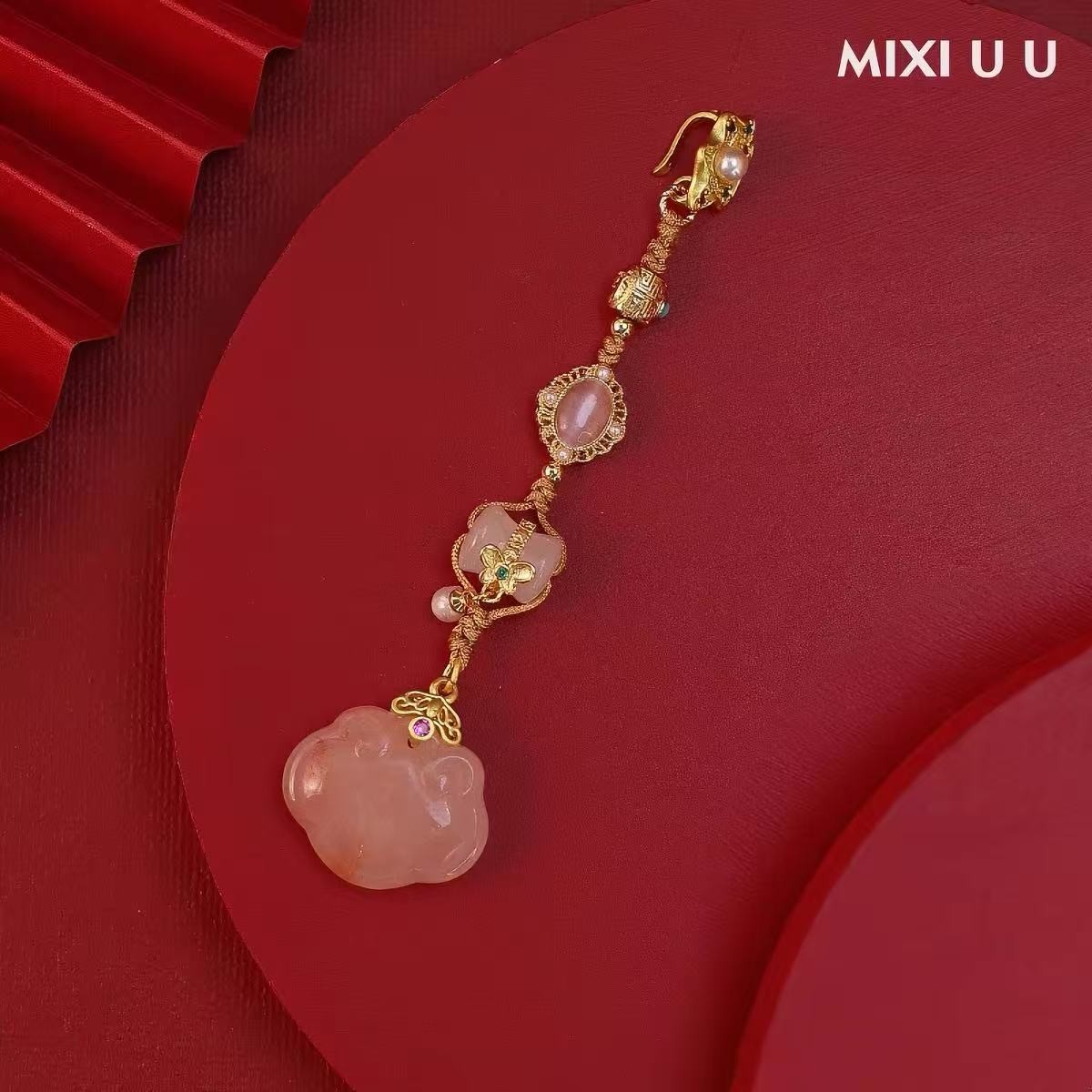 Chinese Hanfu Qipao Waist Hanging Ornament, Gold Plated Jade Bead Tassel Pendant