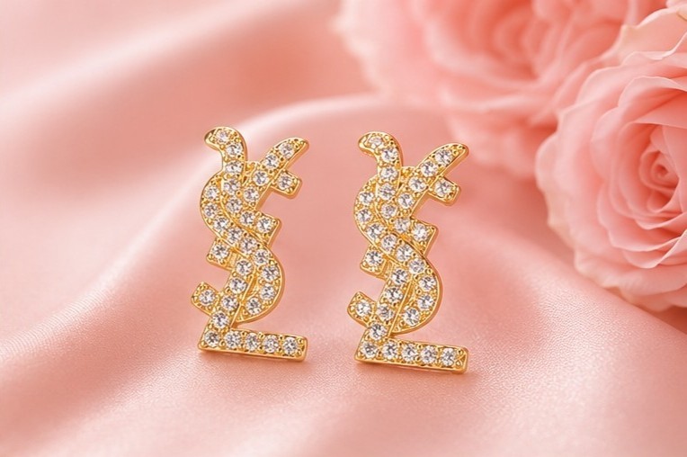 Rhinestone Logo Letter Stud Earrings 2 Pairs Gold/Silver Tone Pavé, Nickel-Free