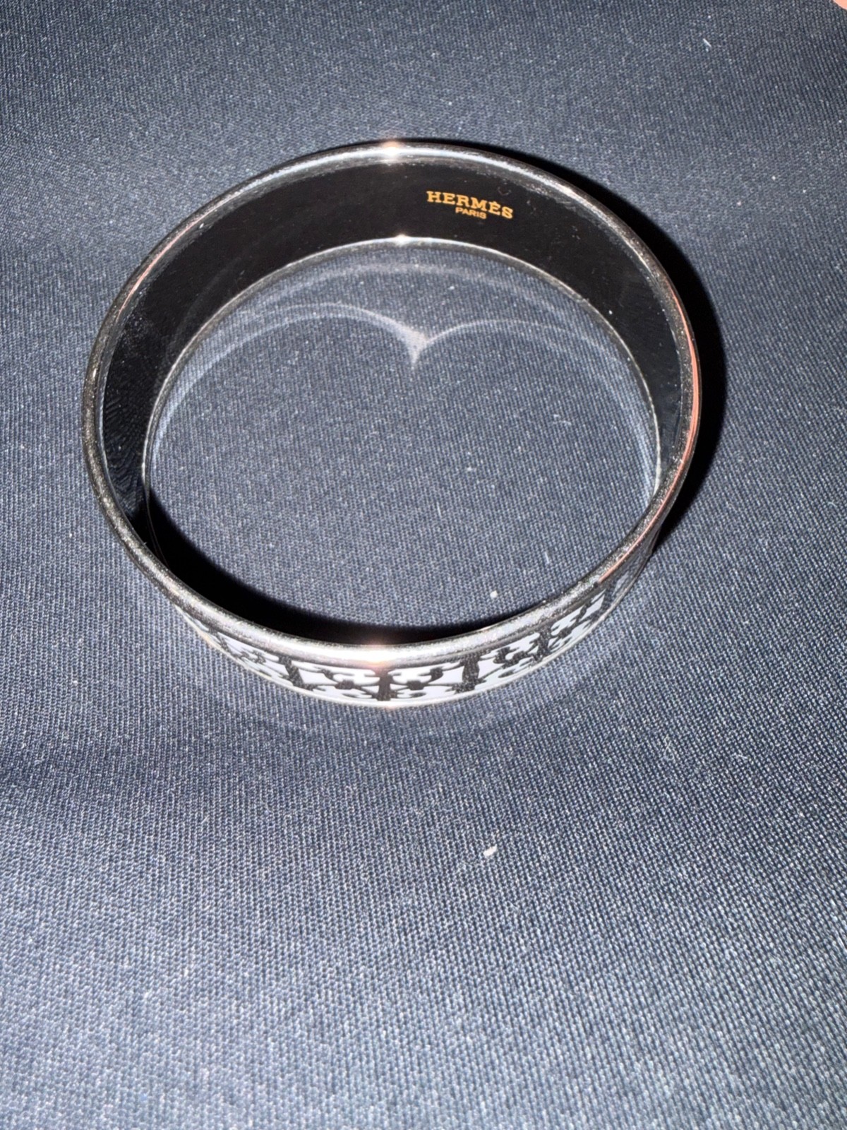 Hermes Bangle Bracelet Black & White Enamel Guadalquivir Silver Rim