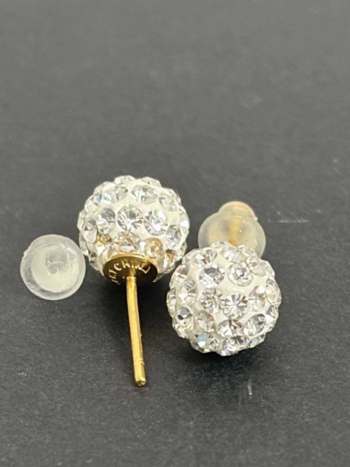 925 Gold Plated Clear Crystal Pavé Round Ball Stud Earrings Butterfly Back Pair