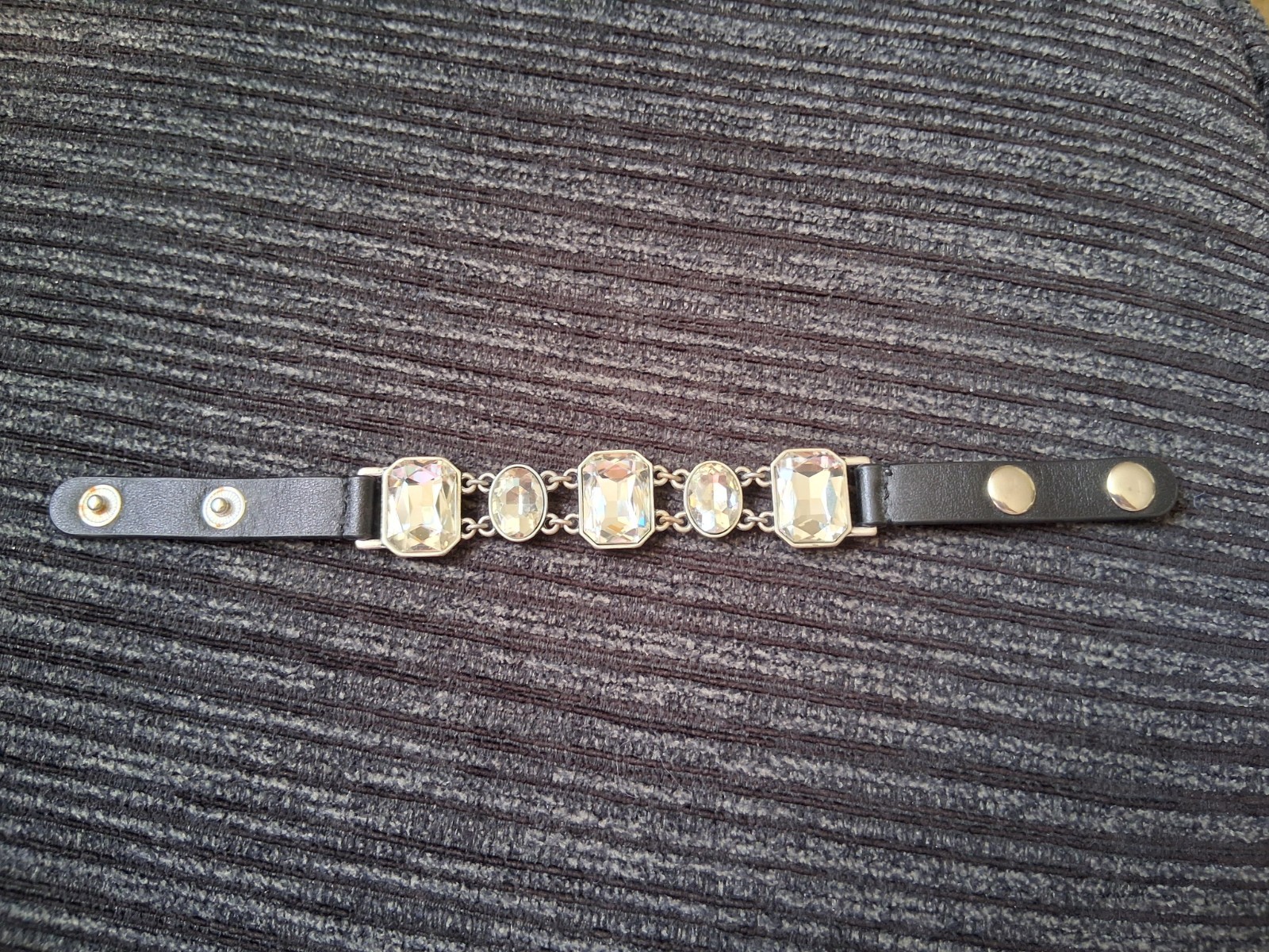 Black Leather Snap Cuff Bracelet Adjustable with Clear Asscher Crystals