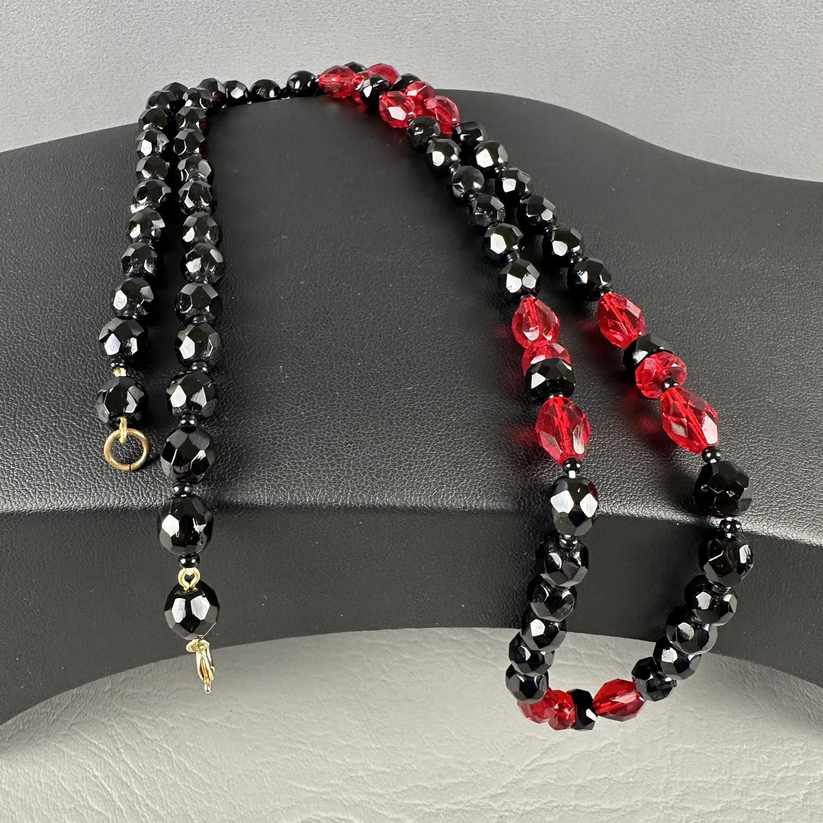 Vintage Bead Necklace Black Red Art Deco Style Long Acrylic 30″