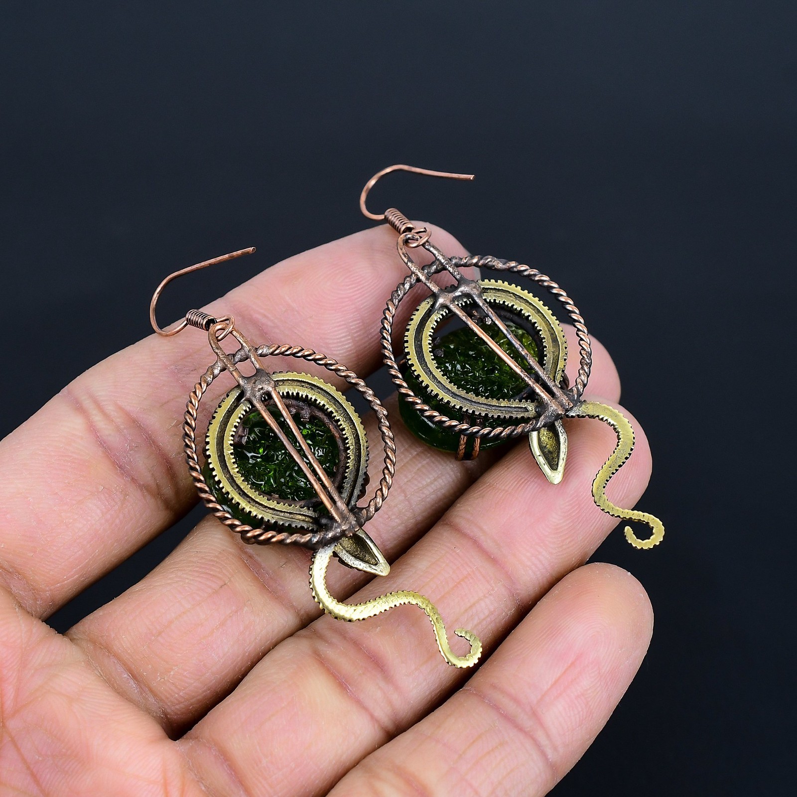 Moldavite Handmade Gemstones Copper Wire Wrap Earrings Jewelry Gift For Sister