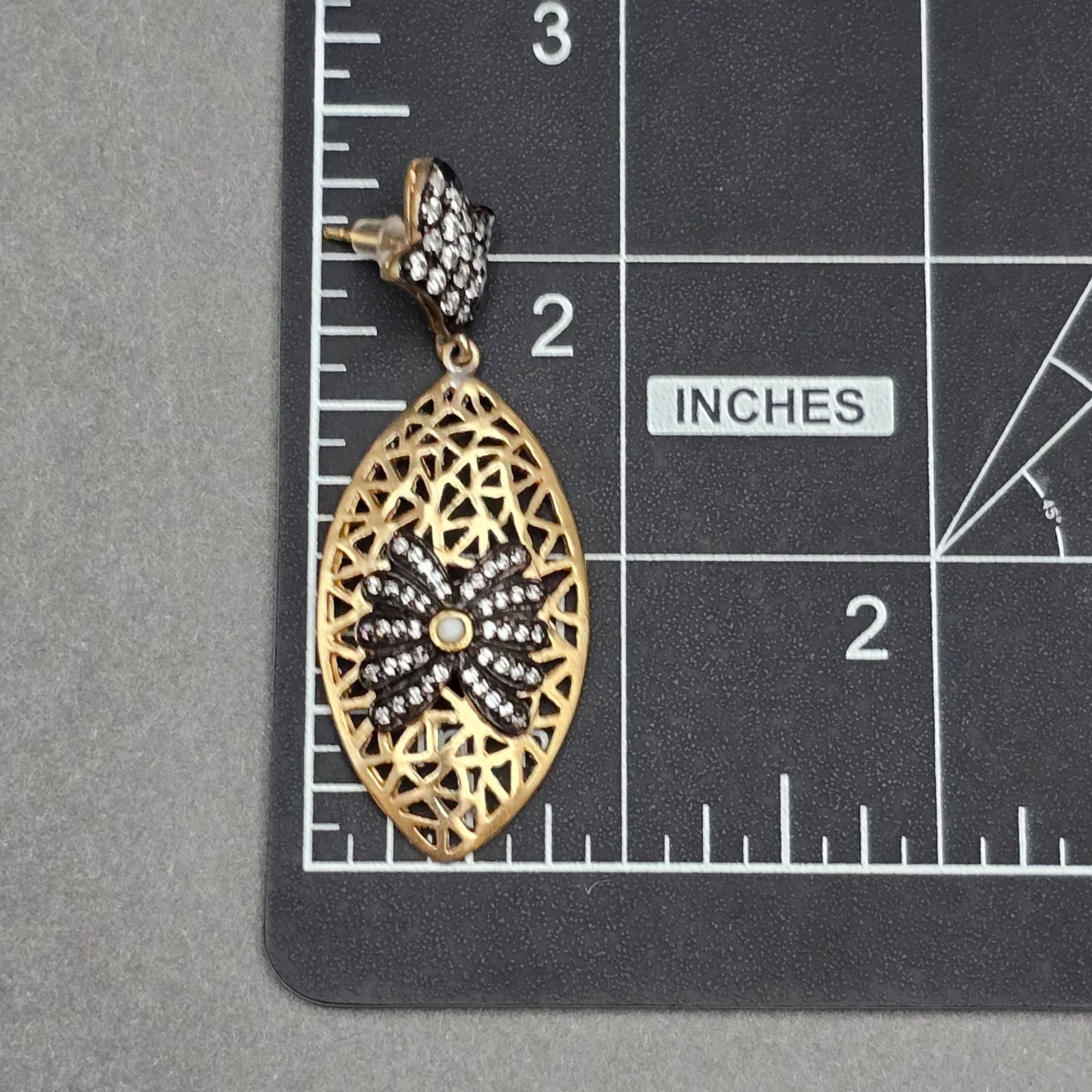 Esha Gold Plated Rhinestone Filigree Dangle Earrings 2.25″ Designer Modern Post