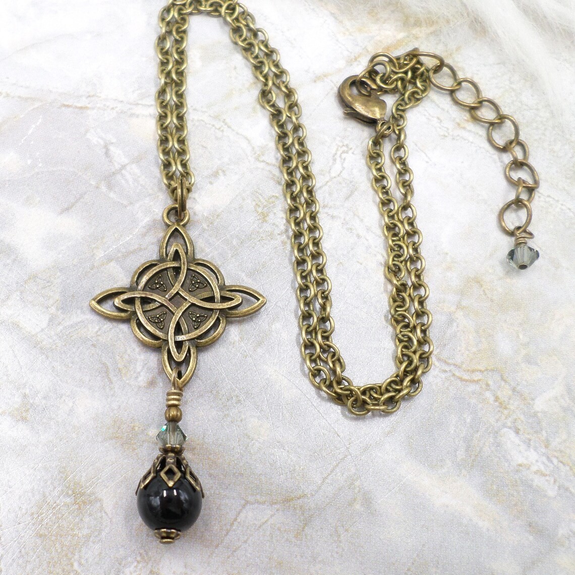 Celtic Knot Necklace, Black Bead Antique Brass Witch Knot Handmade Jewelry
