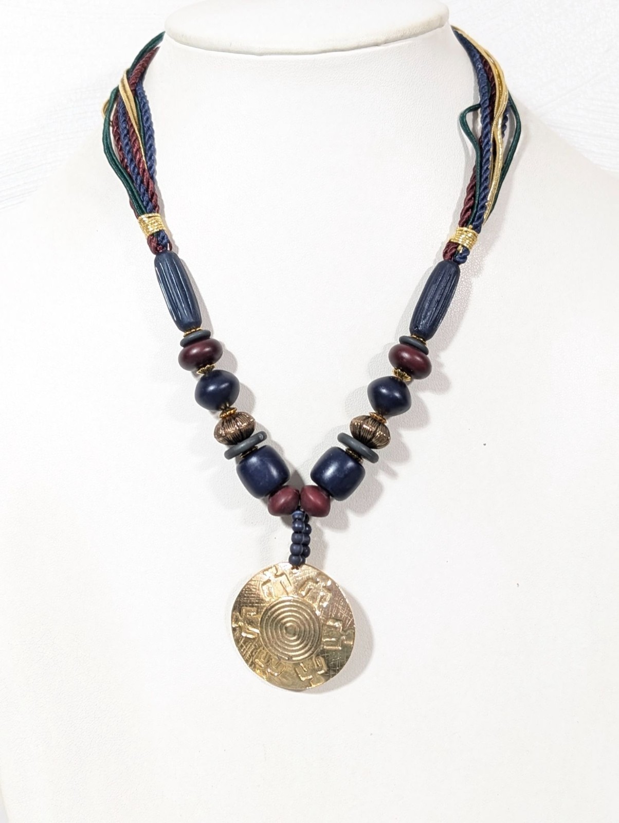 Retro Tribal Medallion Blue Red Green Multi Cord Gold Tone Necklace 18″