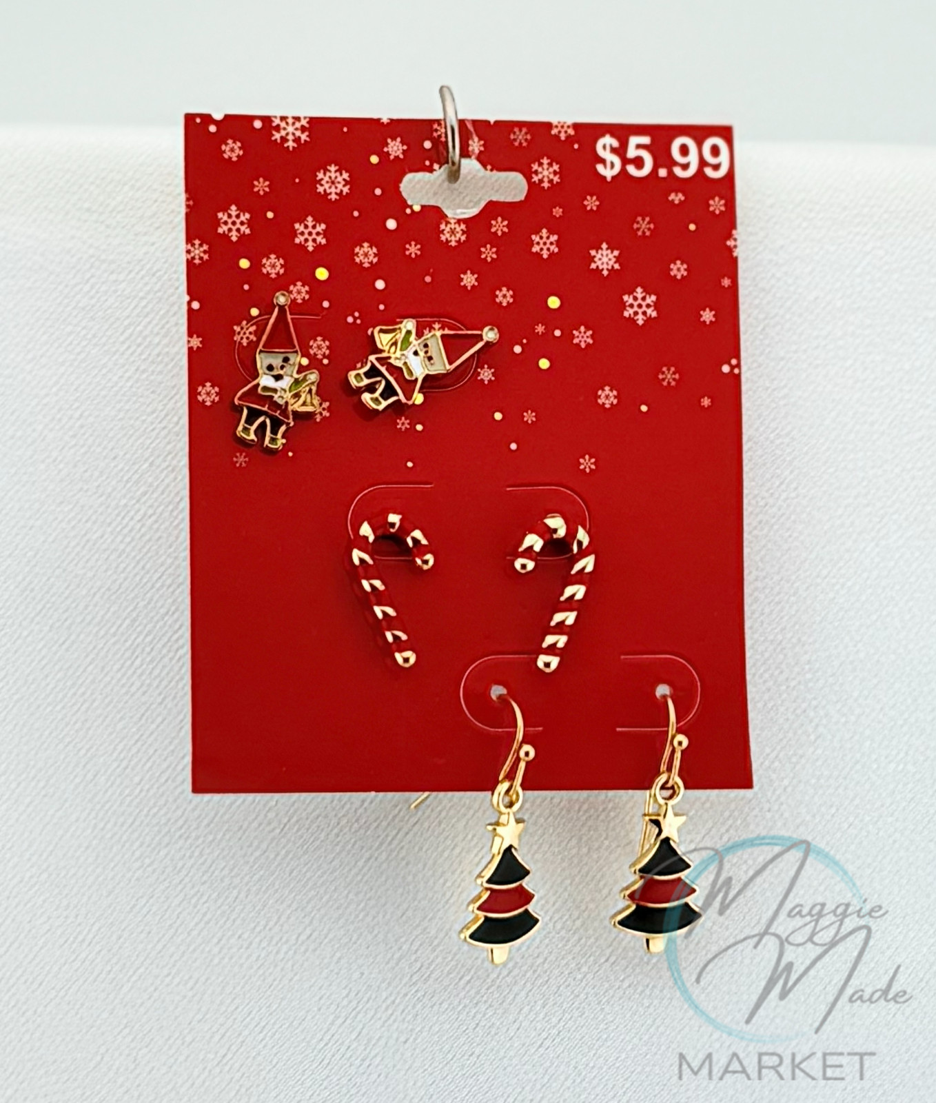 New Holiday Earrings Set – 3 Pairs Christmas Tree, Santa & Candy Cane Jewelry