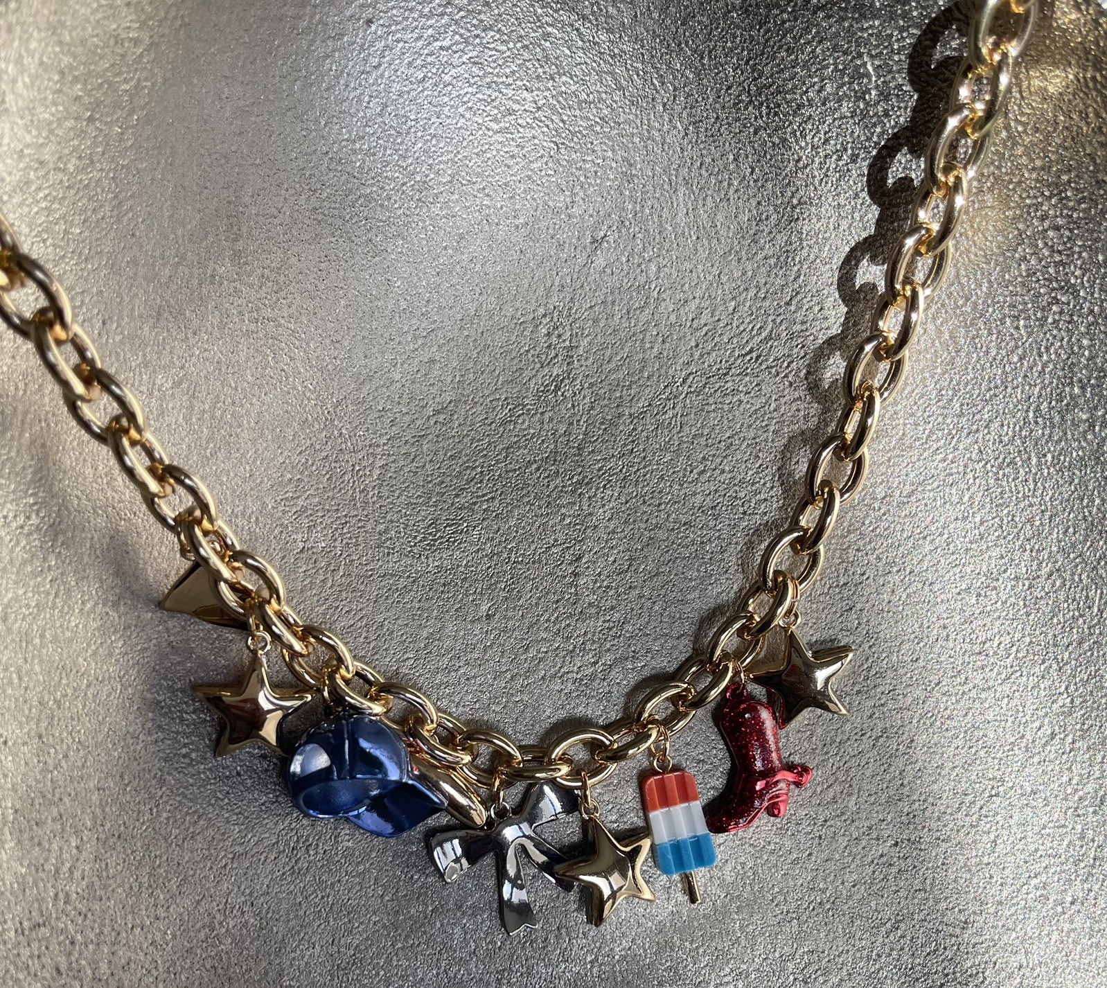 Betsey Johnson Americana USA Red White Blue Charm Shiny Gold Tone Necklace NWT