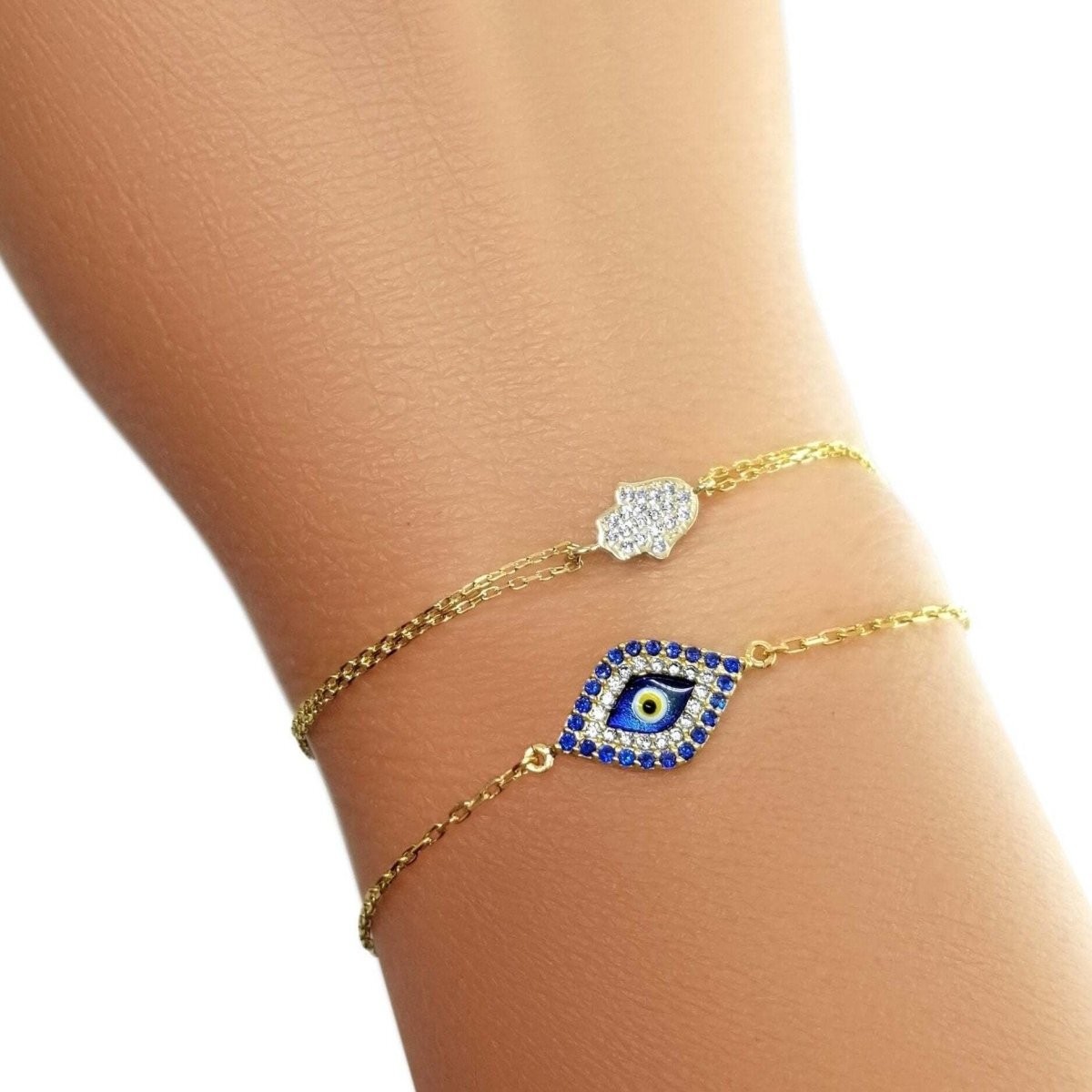 925 Silver Hamsa Bracelet CZ Yellow Gold Plated Adjustable Chain
