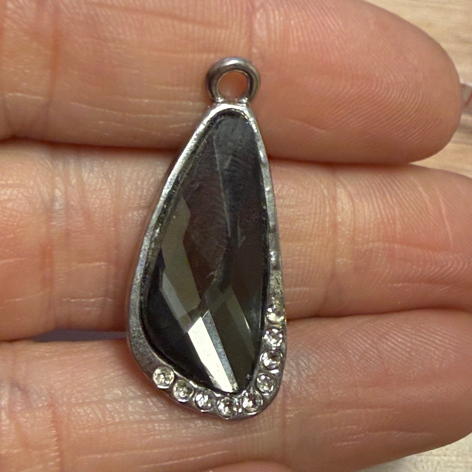 Silver Tone Smoky Grey Faceted Glass Teardrop Pendant Rhinestone Accent 1.25″