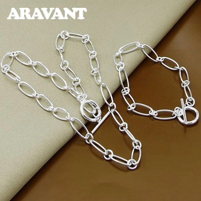 925 Sterling Silver Simple Chain Necklace Bracelet Set Women Wedding Jewelry