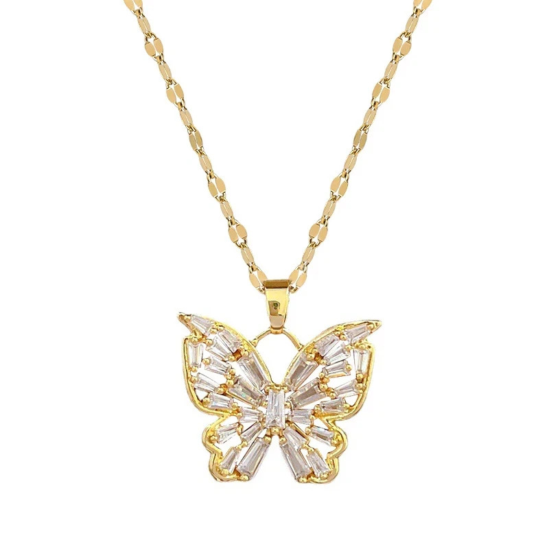 18K Gold Plated Butterfly Zircon Necklace Titanium Steel Anti Tarnish Pendant