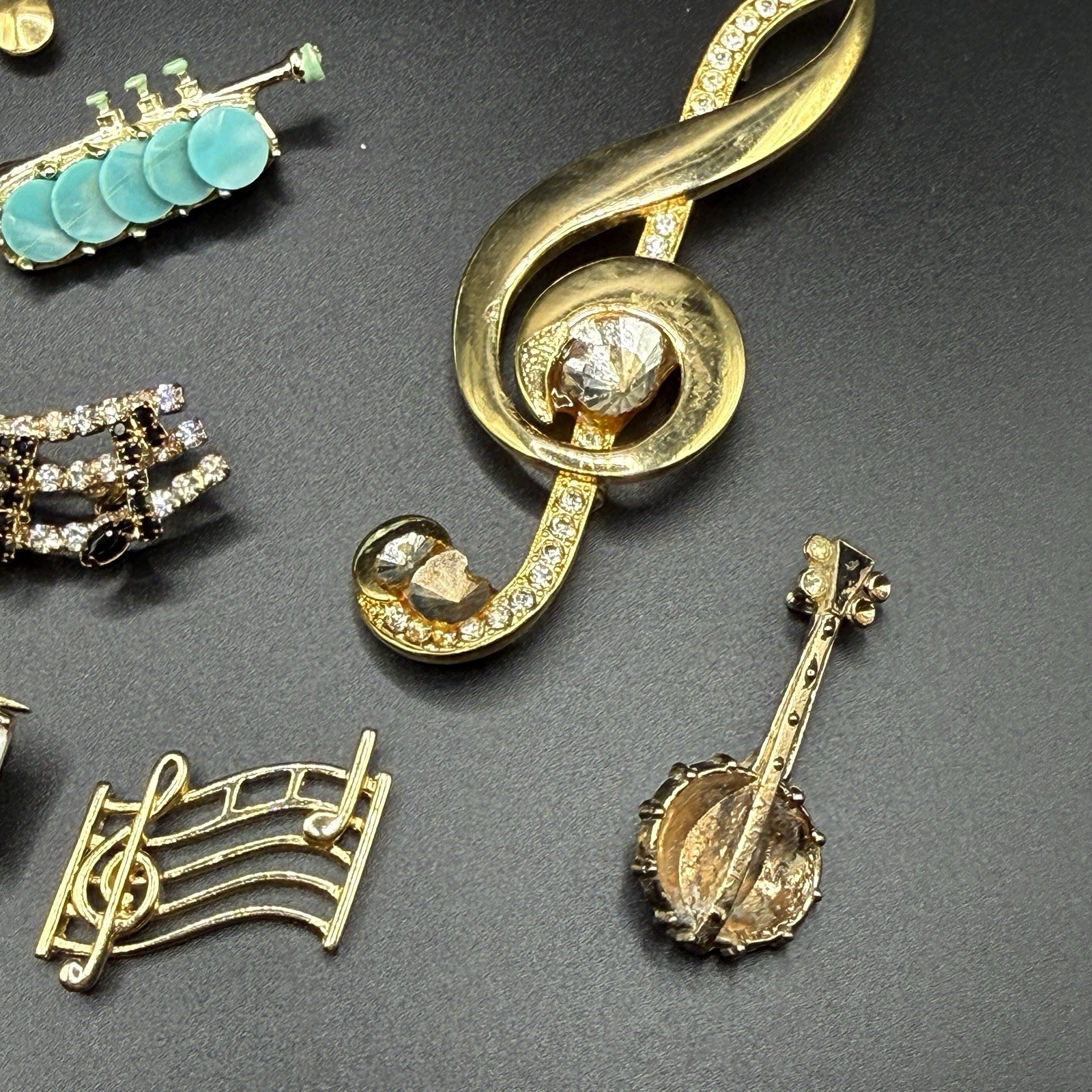 Music-Themed Gold Tone Enamel & Crystal Rhinestone Brooch / Pin / Pendant Lot