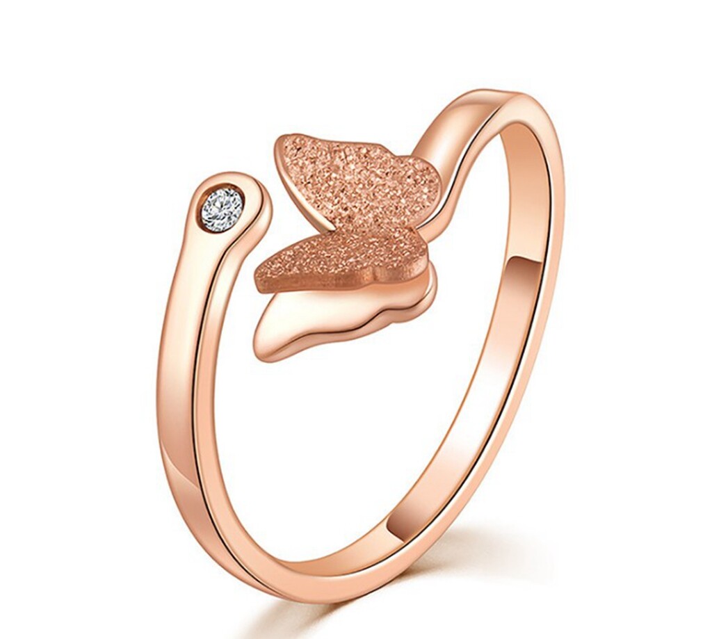 Women / Girl Gold Plated CZ Butterfly Adjust Titanium Stainless Steel Open Ring