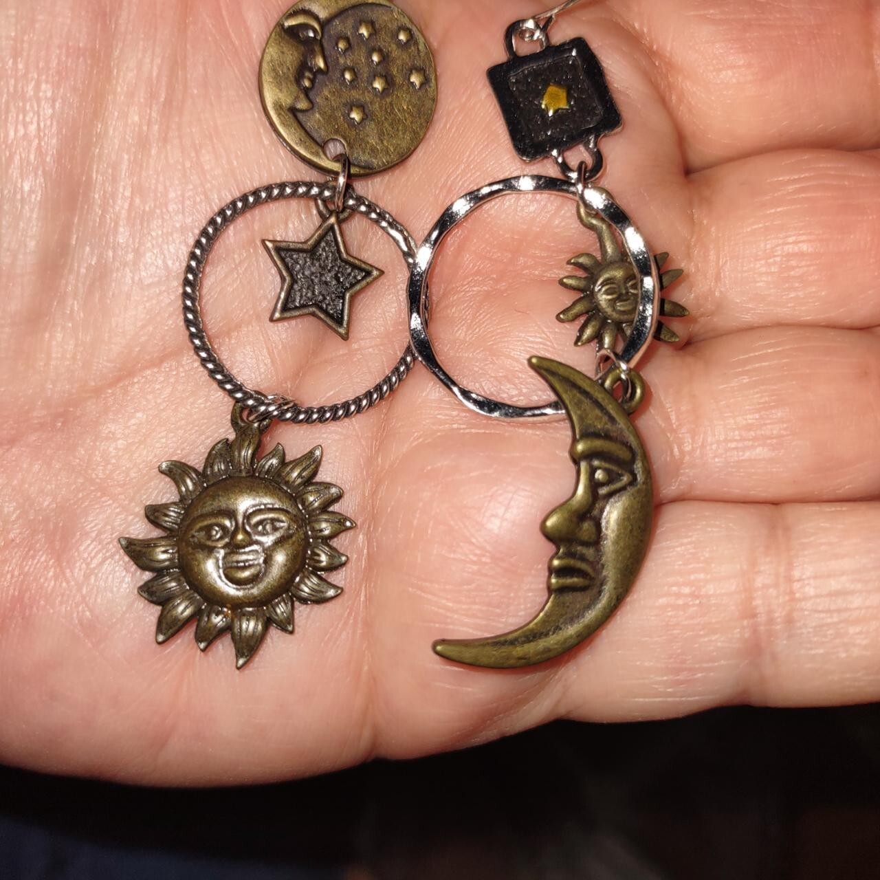 Sun & Moon Earrings, Star, Asymmetrical, Unique, Mixed Metal, Brass, Antiqued