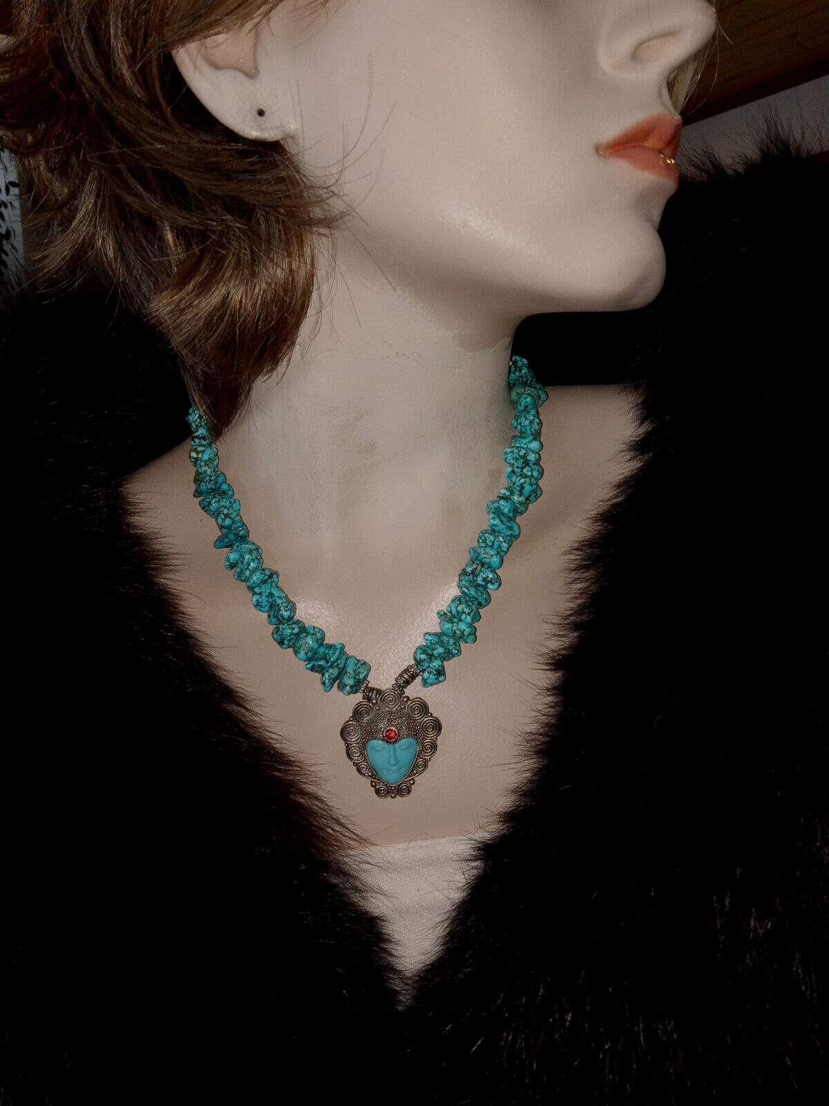 MOON GODESS 925 ,TURQUOISE BEAD W/GARNET ACCENT NECKLACE 19″, 92.5G
