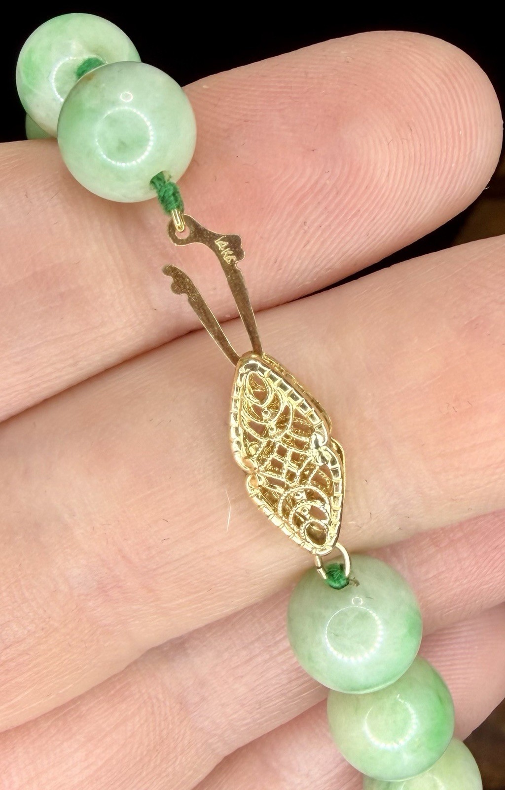 22in Natural Green Jade Round Beaded Necklace, 14k Solid Gold Filigree Clasp
