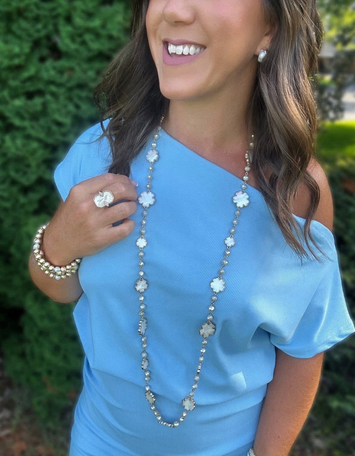 Park Lane CLOUD Mother Of Pearl & Faceted Bead Long Gold Necklace, Retail $174