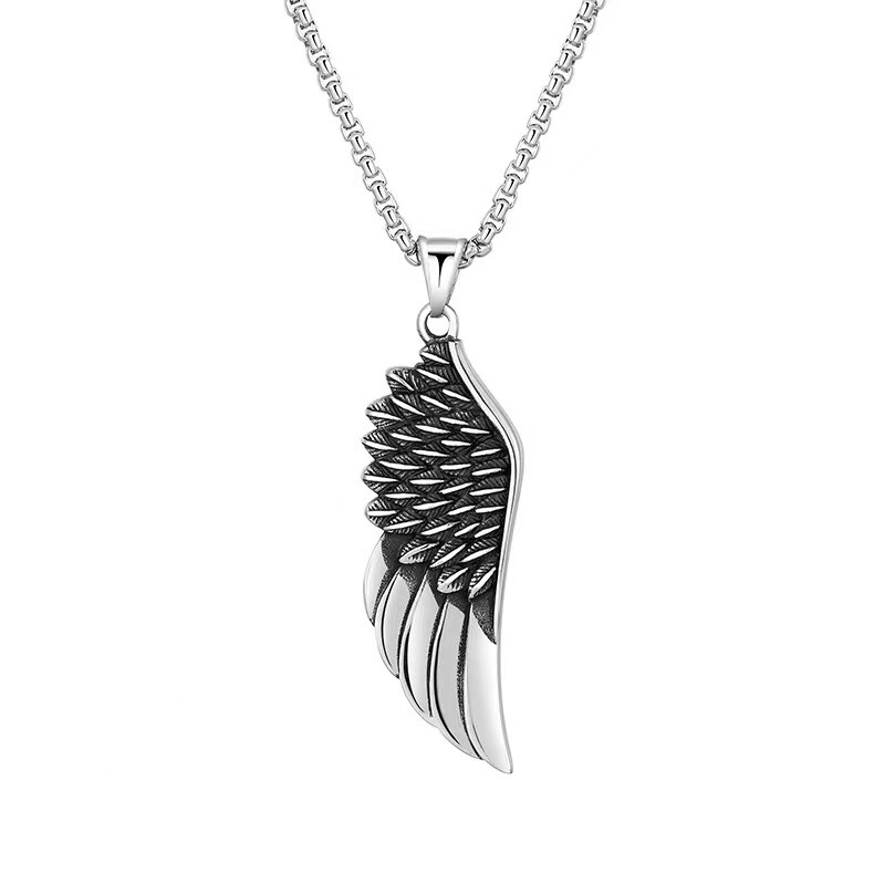 Mens Angel Wing Feather Pendant Necklace Biker Jewelry Stainless Steel Chain 24″