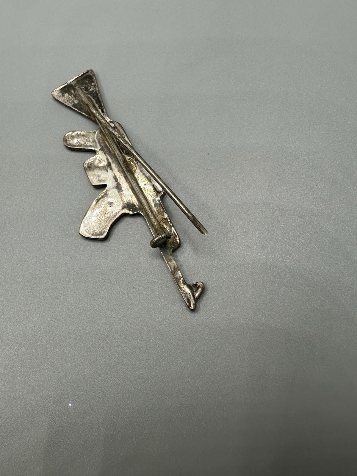Blue Enamel Rifle Gun Shape Pin Brooch Silver Tone Metal Military 2.5in