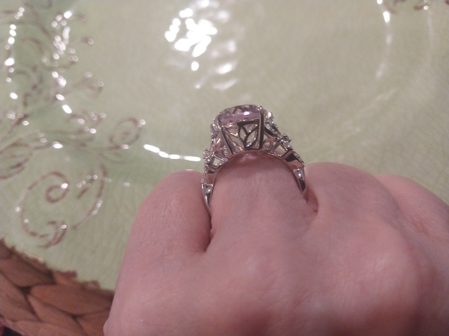 Karis Rose De France Amethyst, White Zircon Floral Rng PlatBond, sz 9, TCW= 9.70