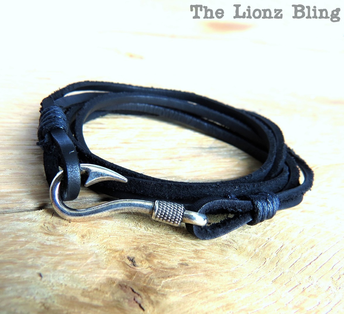 Vintage style Brown Genuine Leather & Antiqued Silver Fish Hook Clasp Bracelet