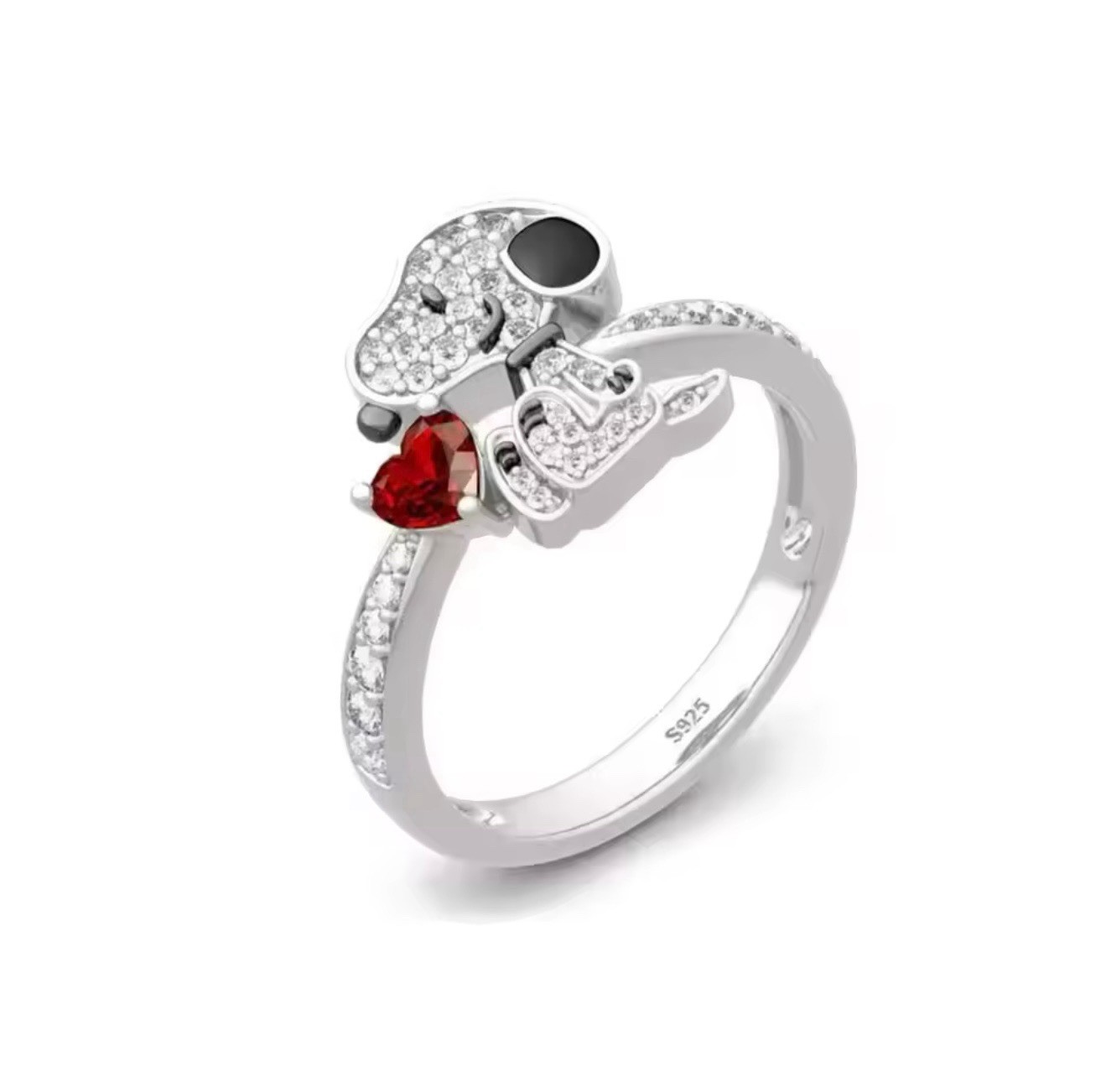 V345 S925 STERLING SILVER CZ SNOOPY RED HEART RING SZ8
