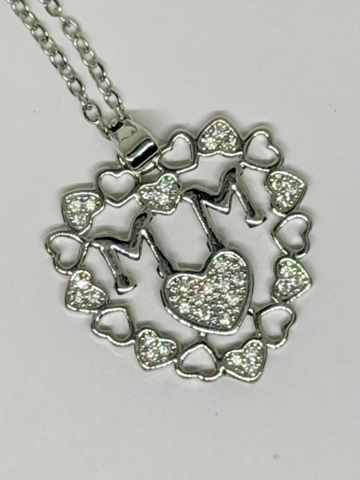 Silver Tone Stainless Steel Heart Mom Pendant Necklace Zircon Accents Adjustable