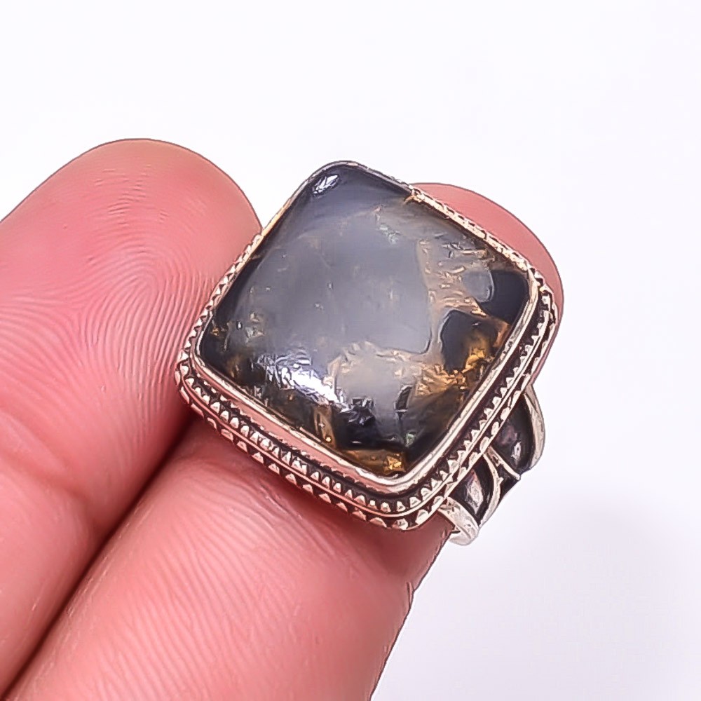Copper Black Obsidian Gemstone 925 Sterling Silver Bali Ring S.6 R_9512_421_64