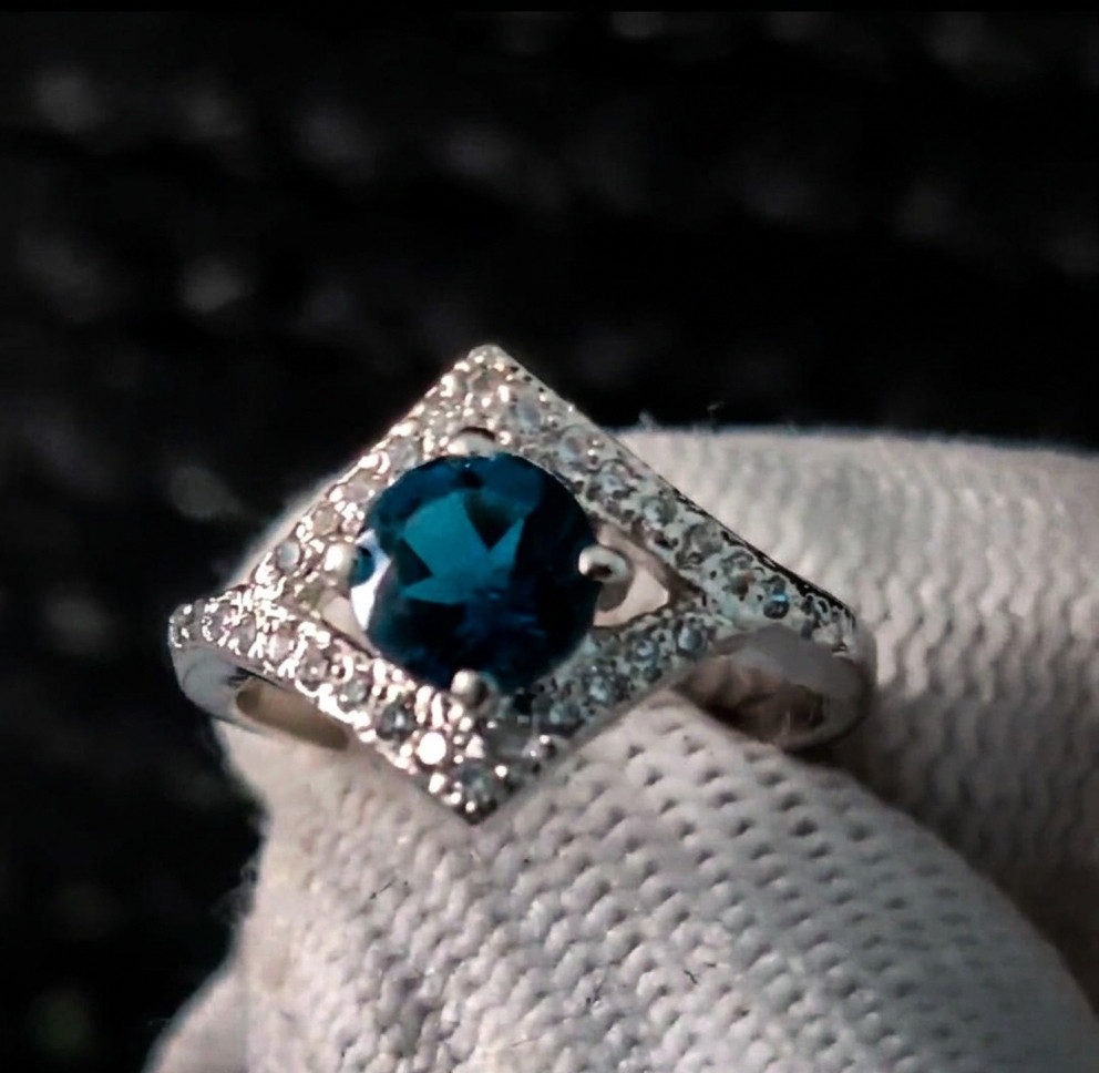 Art Deco London Blue Topaz Kite Ring, Sterling Silver Geometric Halo Engagement