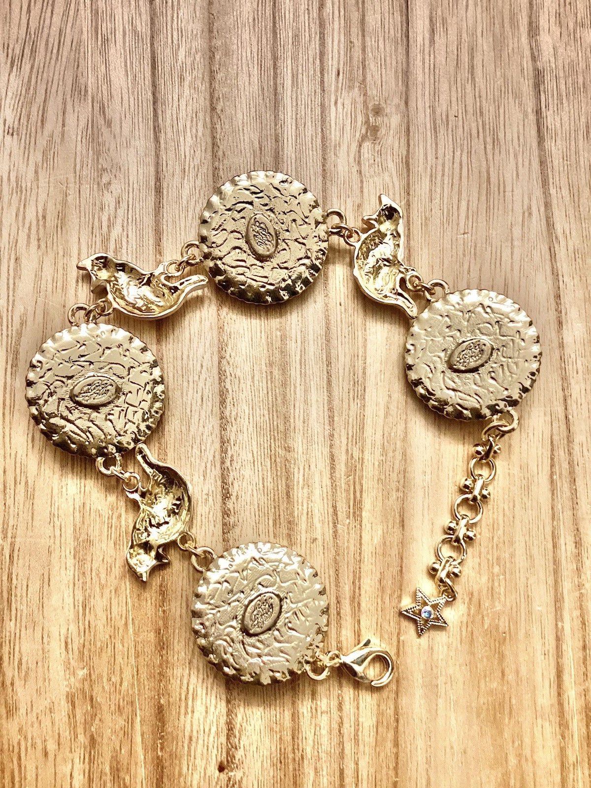 Kirks Folly Gold Tone Blue Moon Face & Enamel Cats Linked Bracelet 9”.