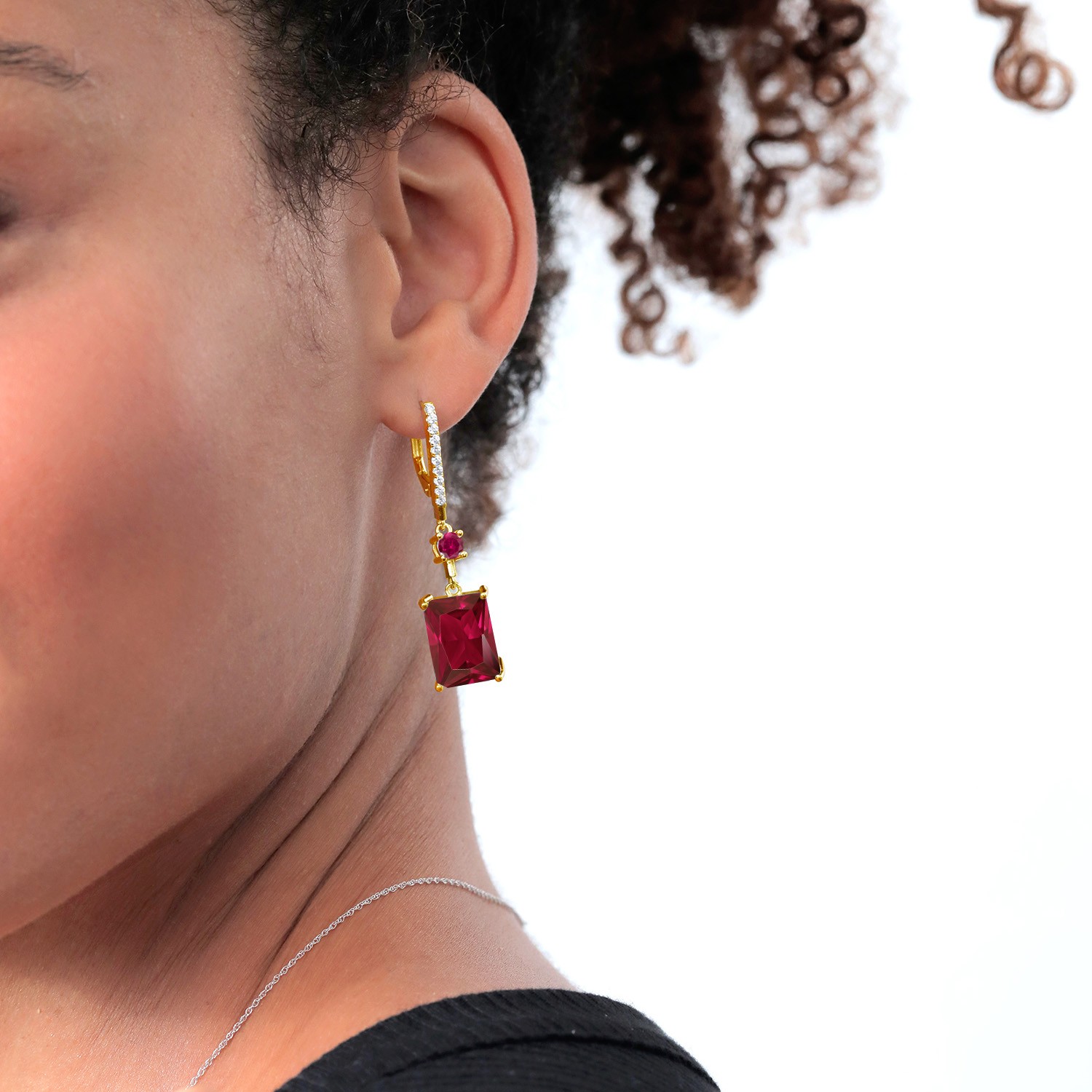 Created Ruby Drop Dangle Earrings For Women | 10.80 Cttw | 14X10MM Emerald Cut
