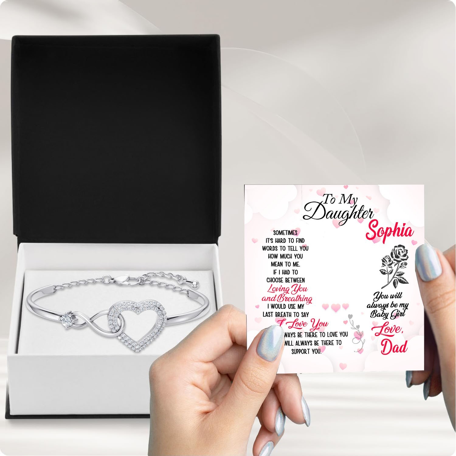To My Daughter Heart Bracelet from Mom Dad, Daughter Bangle White Gold Plated