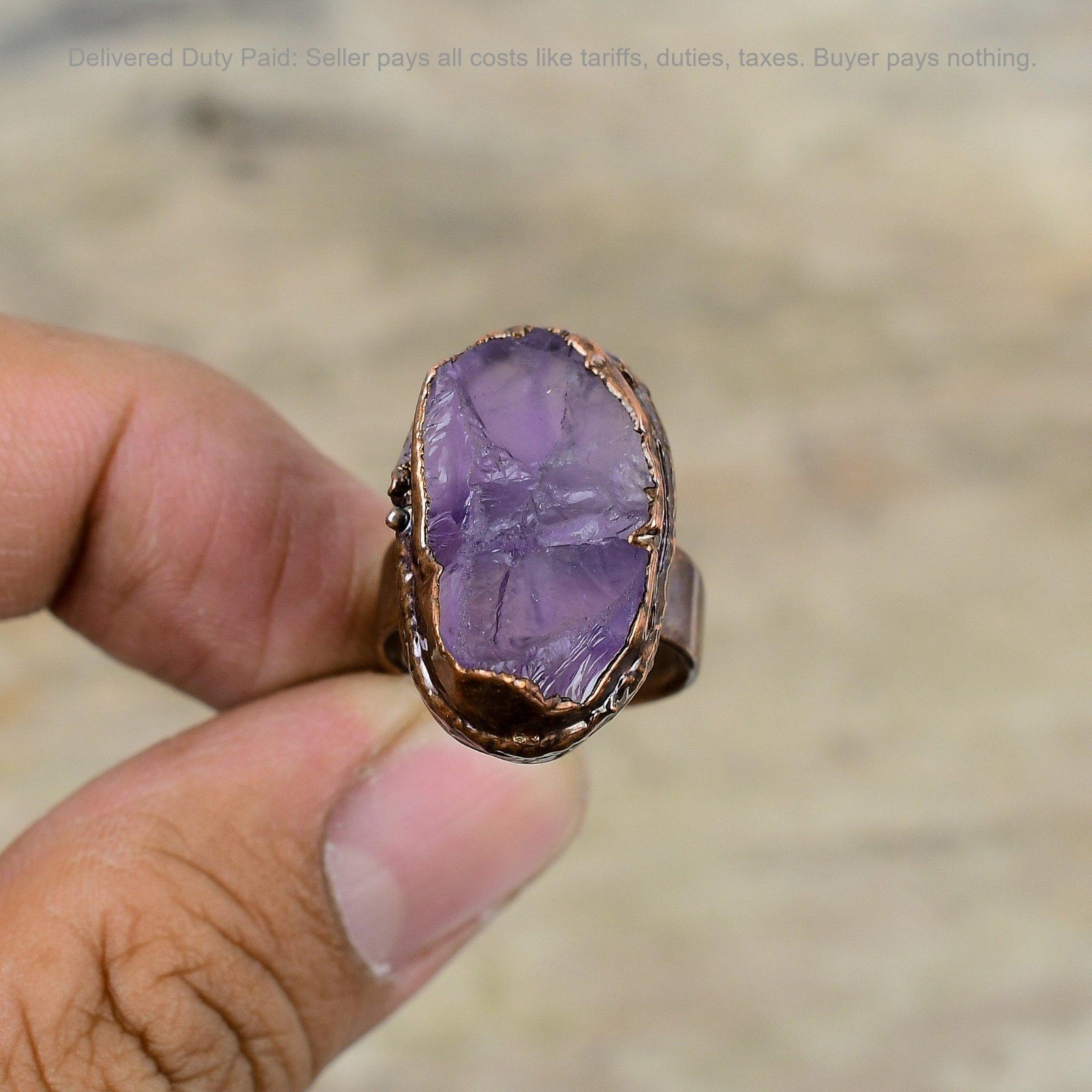 African Amethyst Rough Gemstone Stackable Bezel Trendy Electroformed Ring Copper