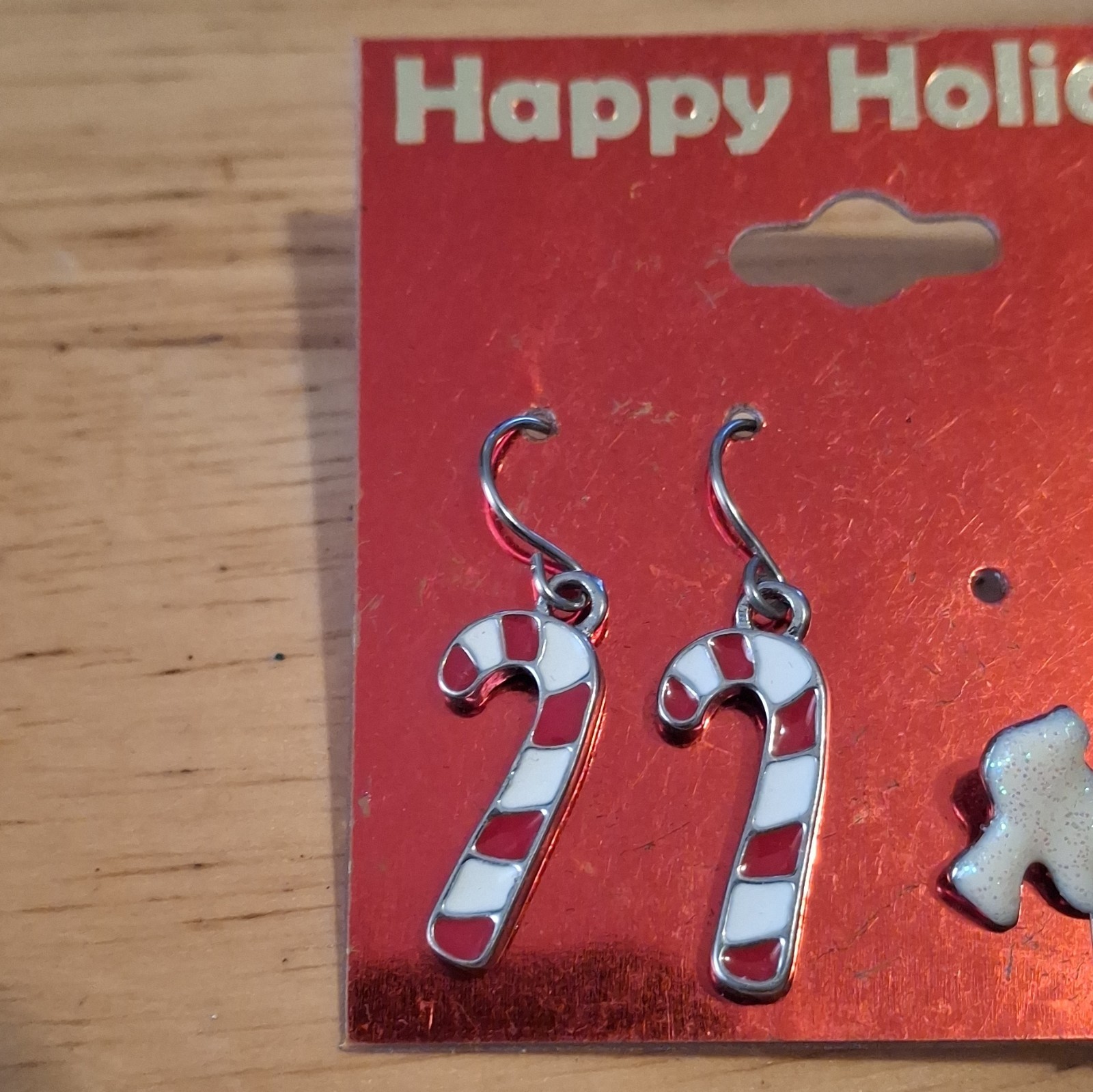 Christmas Red White Enamel Candy Cane Hook Dangle Earrings White Stud Set