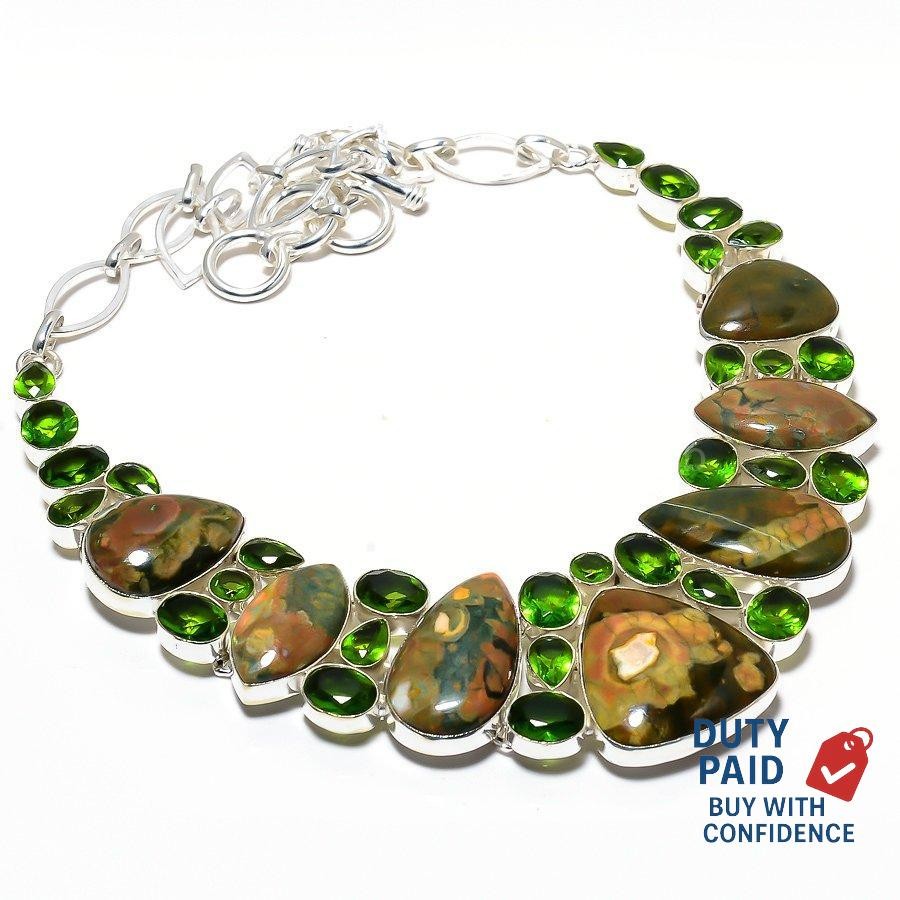 rainforest jasper Engagement Vitange Birthday Bezel Set Wife Necklace 925 Silver