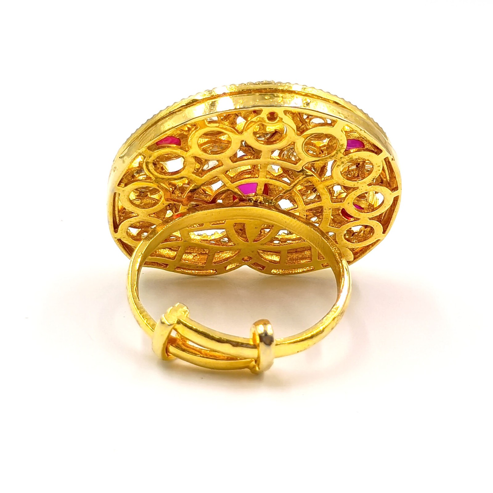 Traditional Indian Kundan Polki Ring Ruby Stone 22k Gold Plated Adjustable Band