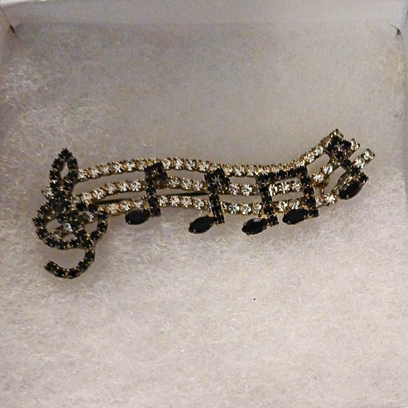 Rhinestone Music Staff Treble Clef Brooch Pin, Silver Tone Metal, Black